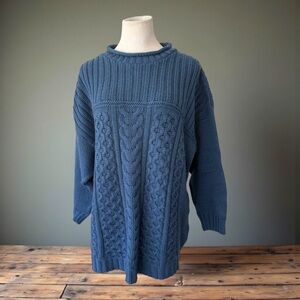 Aran Crafts Ireland Merino Wool Blue Cable Knit Sweater Size XL
